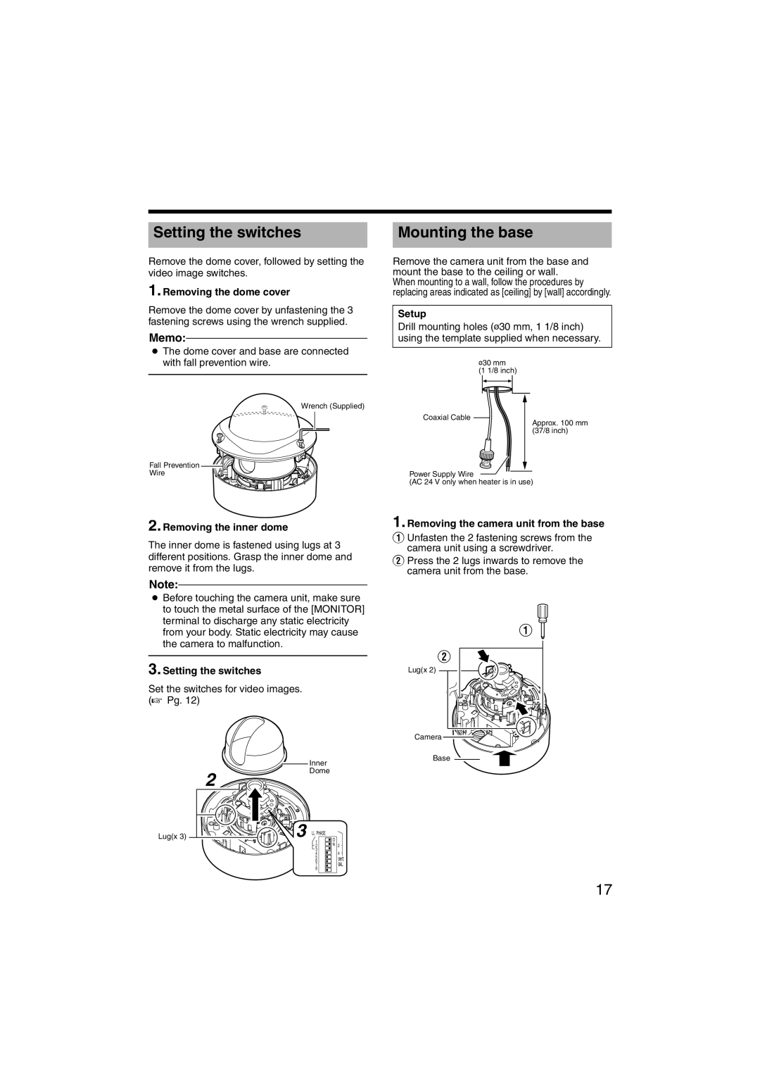 JVC TK-C215VP4, TK-C215VP12 instruction manual Setting the switches, Mounting the base 