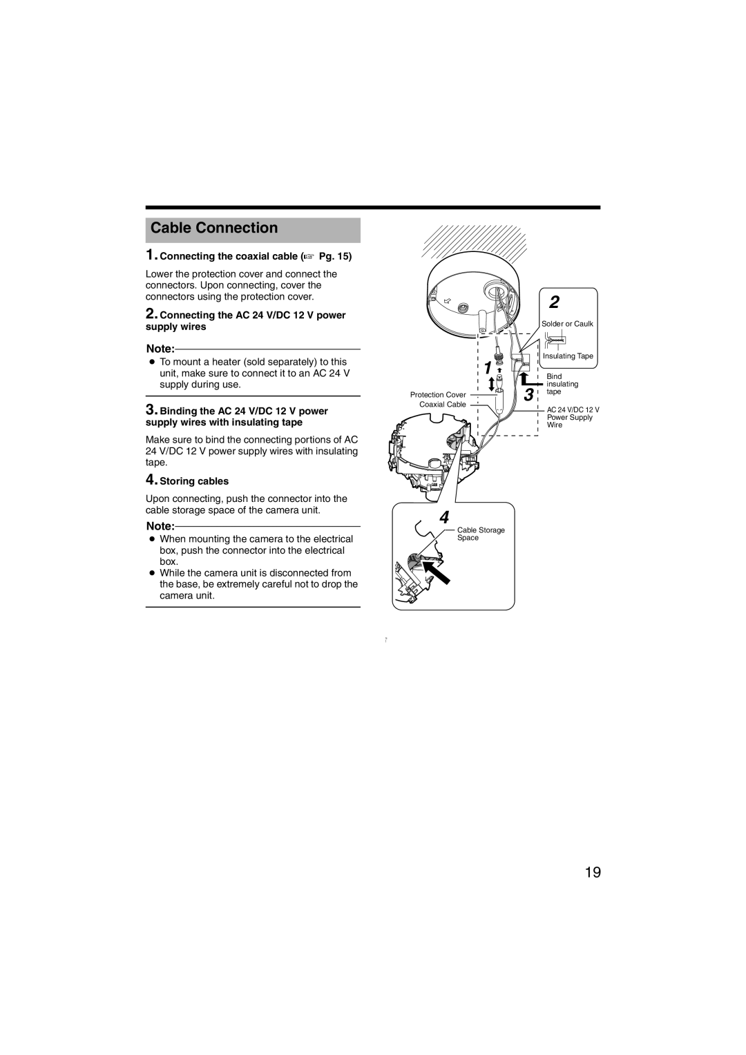 JVC TK-C215VP4 Cable Connection, Connecting the coaxial cable a Pg, Connecting the AC 24 V/DC 12 V power supply wires 