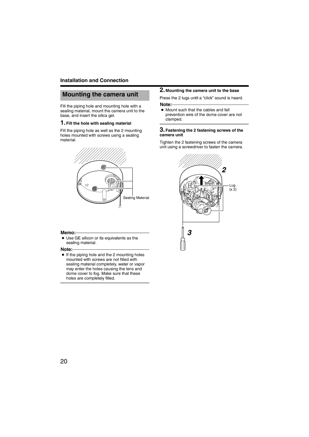 JVC TK-C215VP12, TK-C215VP4 instruction manual Fill the hole with sealing material, Mounting the camera unit to the base 