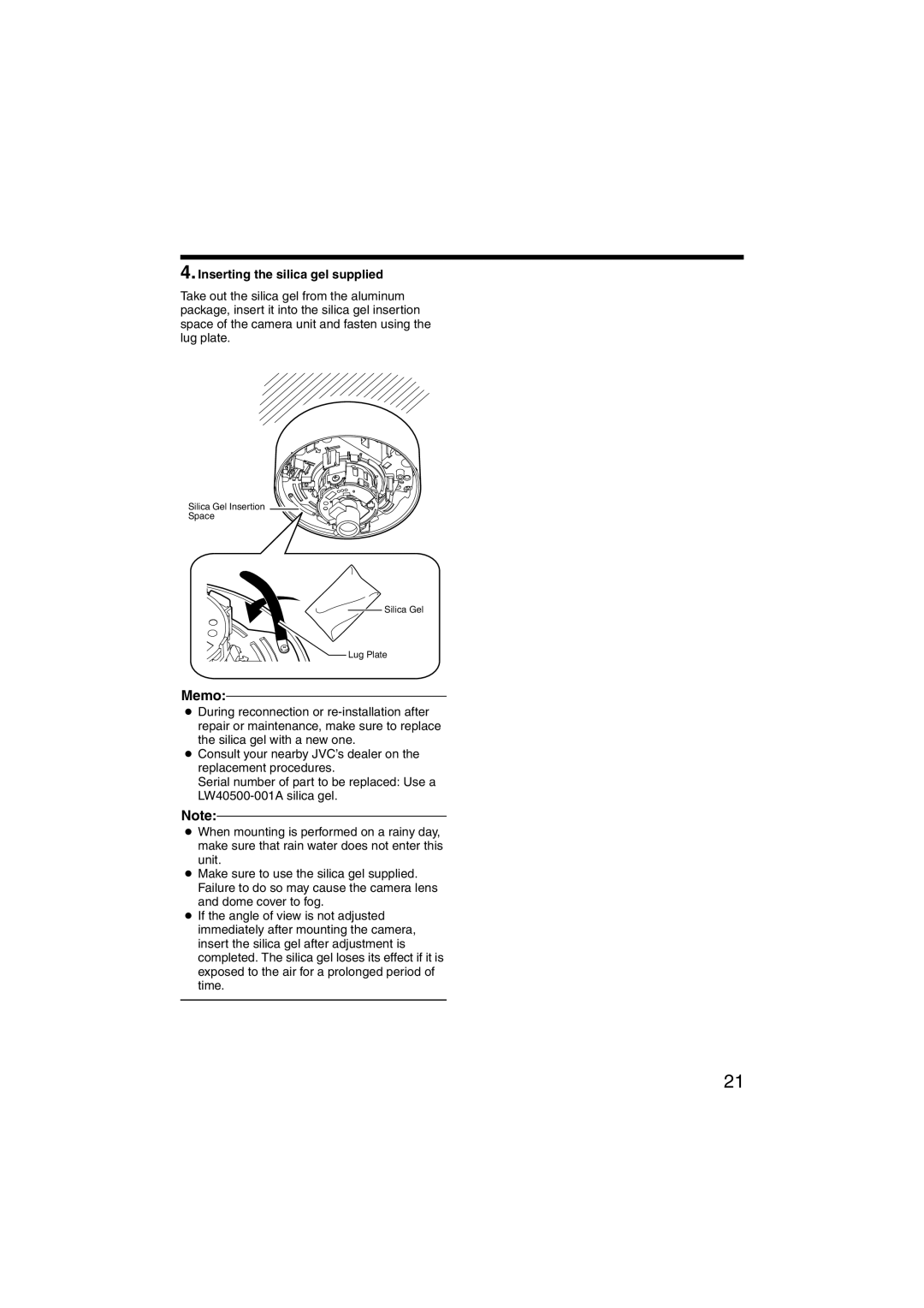 JVC TK-C215VP4, TK-C215VP12 instruction manual Inserting the silica gel supplied 