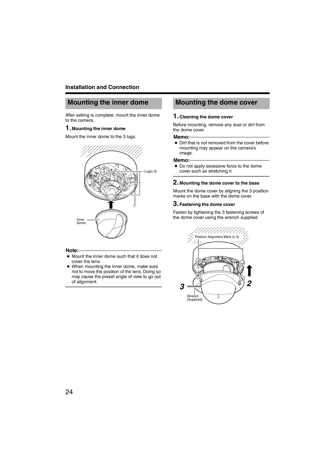 JVC TK-C215VP12, TK-C215VP4 instruction manual Mounting the inner dome, Mounting the dome cover 