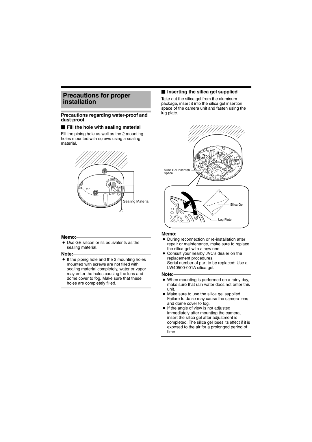 JVC TK-C215VP4, TK-C215VP12 Precautions for proper installation,  Inserting the silica gel supplied, Memo 