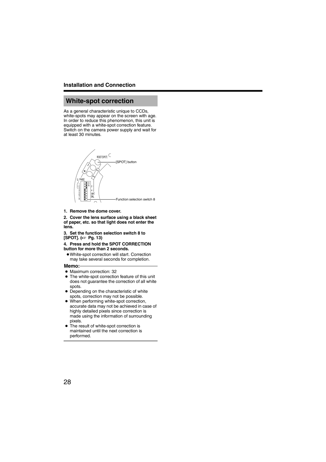 JVC TK-C215VP12, TK-C215VP4 instruction manual White-spot correction, Memo 