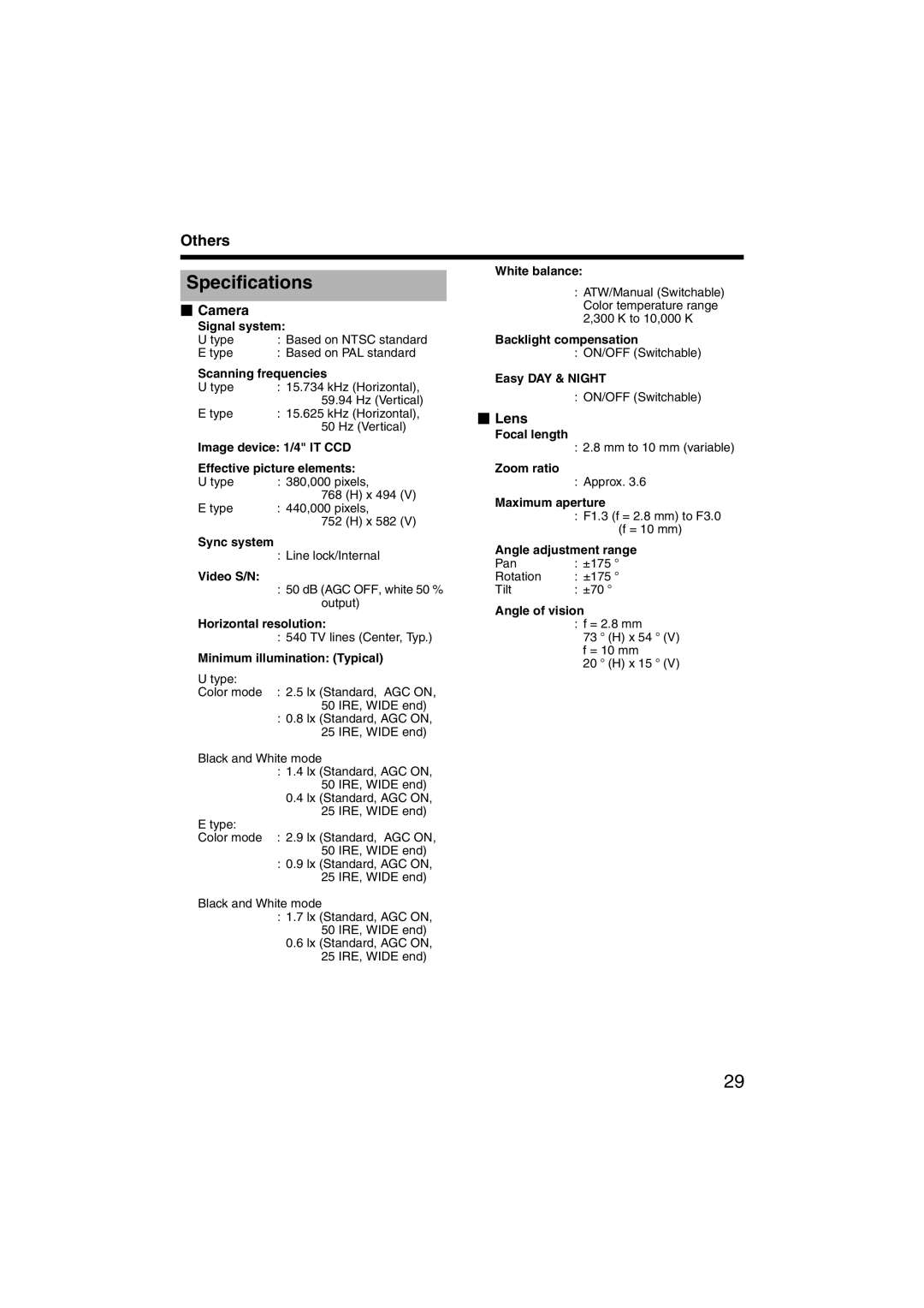 JVC TK-C215VP4, TK-C215VP12 instruction manual Specifications,  Camera,  Lens 