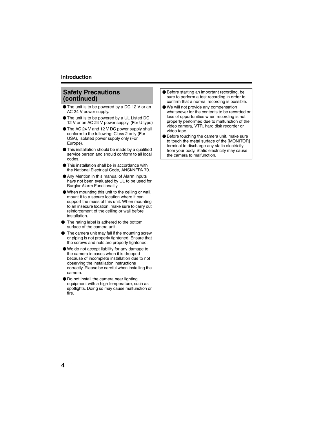 JVC TK-C215VP12, TK-C215VP4 instruction manual Safety Precautions 