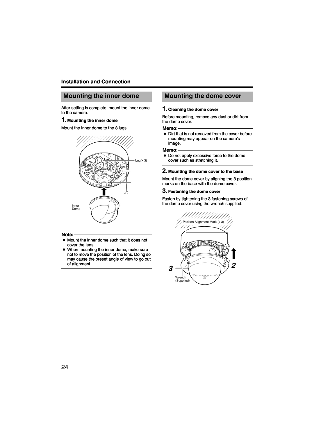 JVC TK-C215VP12 Mounting the inner dome, Mounting the dome cover, Cleaning the dome cover, Fastening the dome cover, Memo 