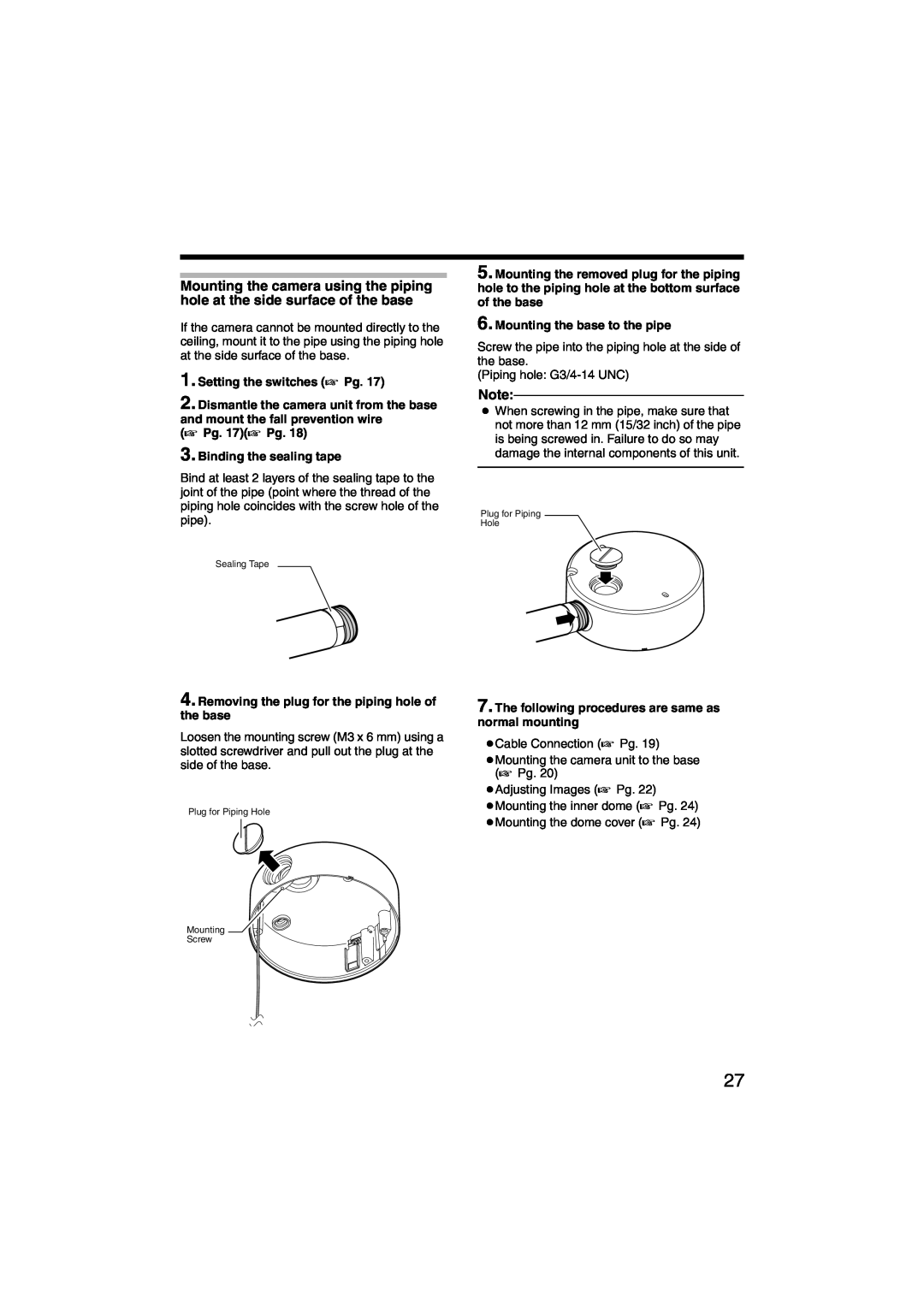 JVC TK-C215VP4, TK-C215VP12 A Pg. 17A Pg 3. Binding the sealing tape, Removing the plug for the piping hole of the base 