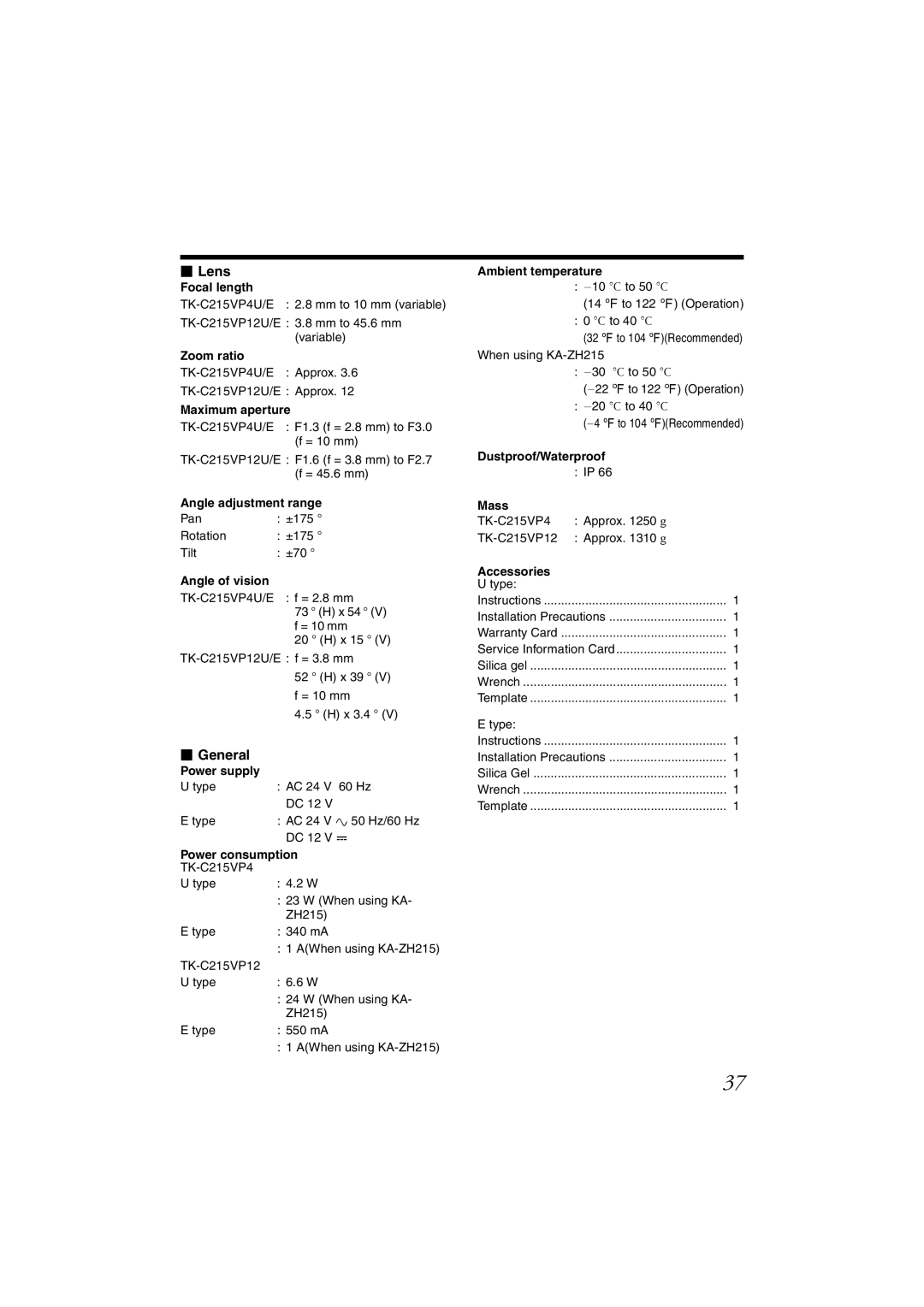 JVC TK-C215VP12U/E, TK-C215VP4U/E manual  Lens,  General 