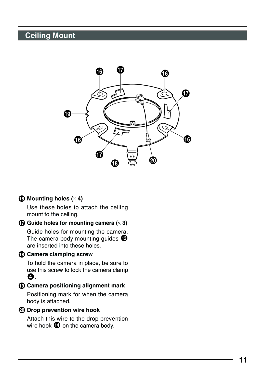 JVC TK-C553 manual Ceiling Mount, Mounting holes ⋅, Guide holes for mounting camera ⋅, Camera clamping screw 