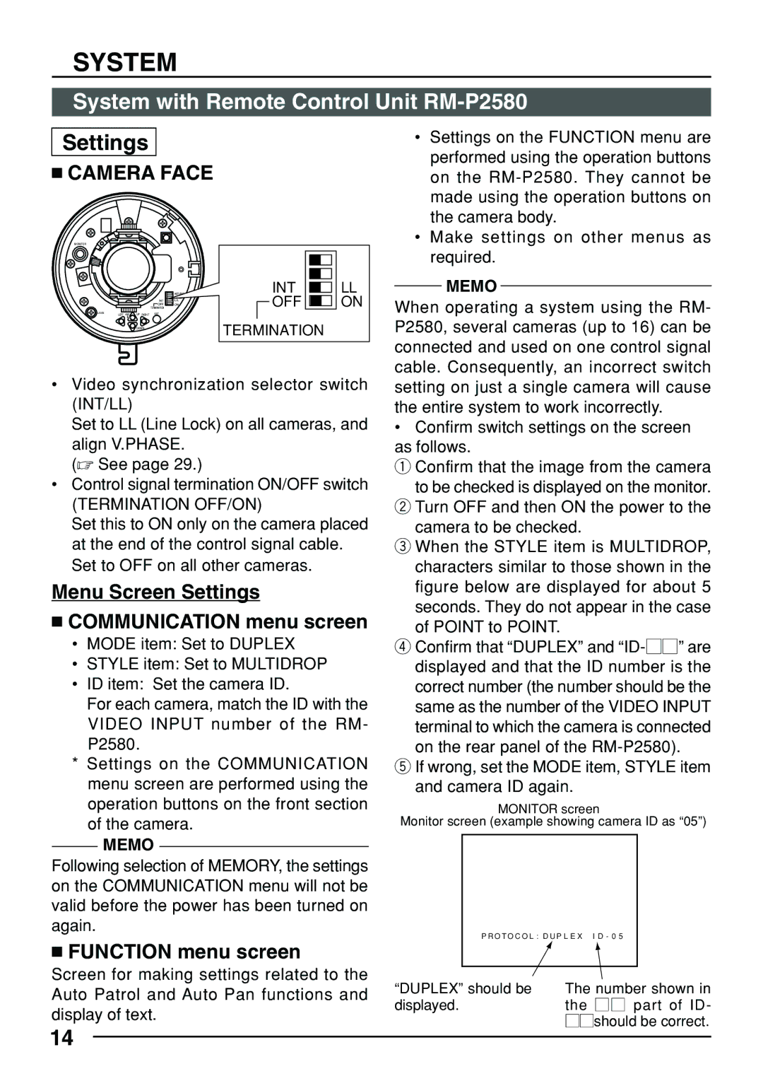 JVC TK-C553 manual Menu Screen Settings  Communication menu screen,  Function menu screen, Termination OFF/ON 