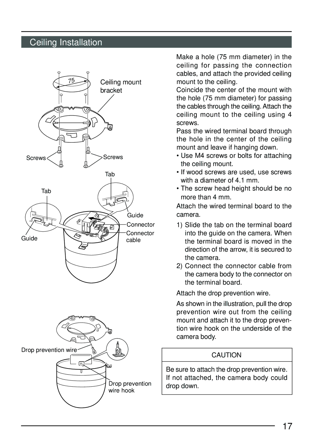 JVC TK-C553 manual Ceiling Installation, Attach the drop prevention wire 