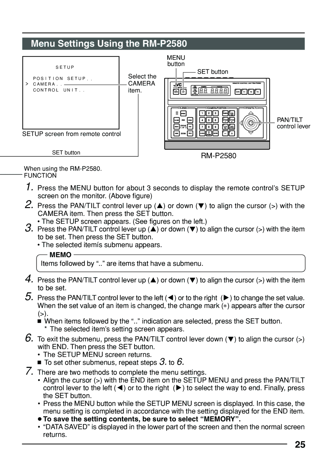 JVC TK-C553 manual Menu Settings Using the RM-P2580, Camera 