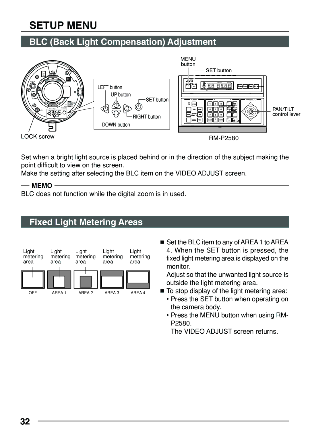 JVC TK-C553 manual BLC Back Light Compensation Adjustment, Fixed Light Metering Areas 