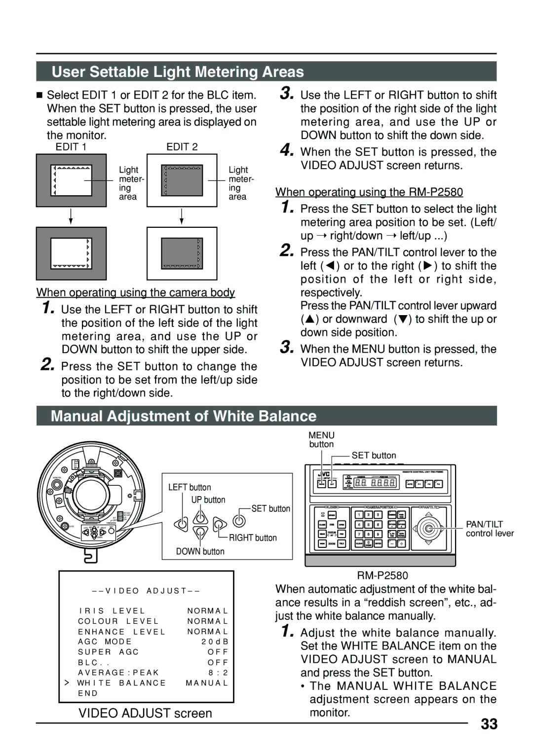 JVC TK-C553 manual User Settable Light Metering Areas, Manual Adjustment of White Balance 