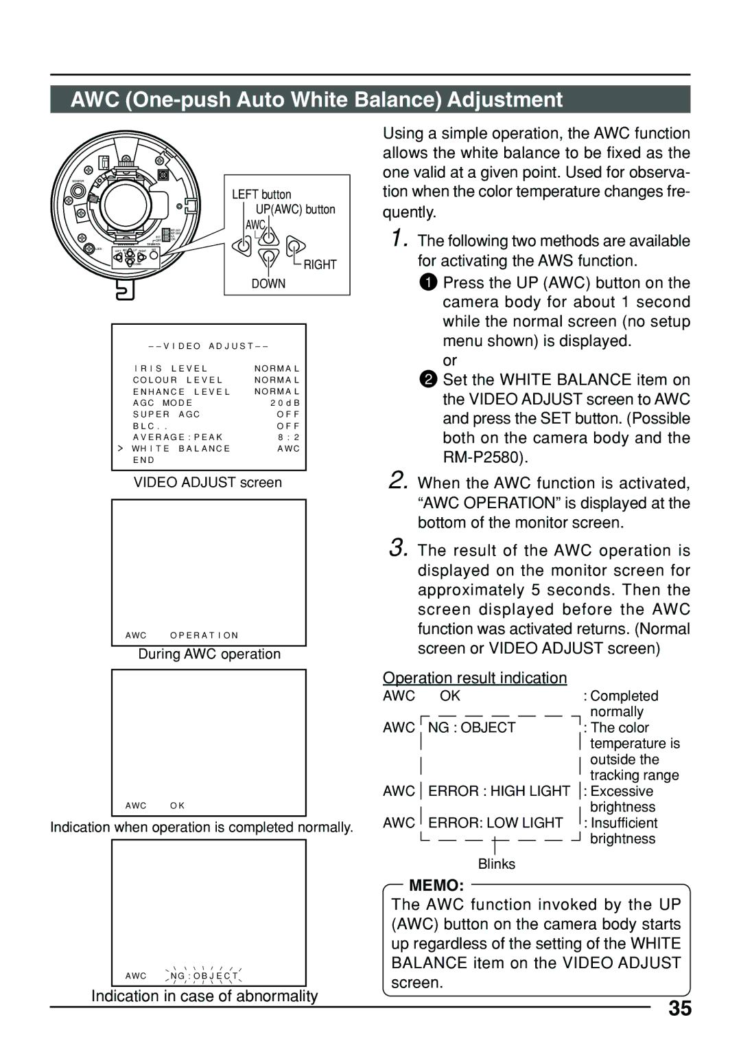 JVC TK-C553 manual AWC One-push Auto White Balance Adjustment, Menu shown is displayed 