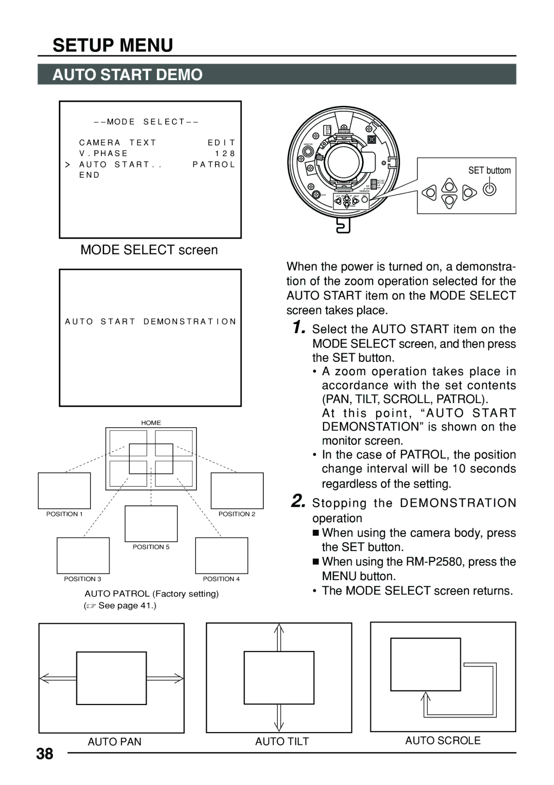 JVC TK-C553 manual Auto Start Demo, PAN, TILT, SCROLL, Patrol 