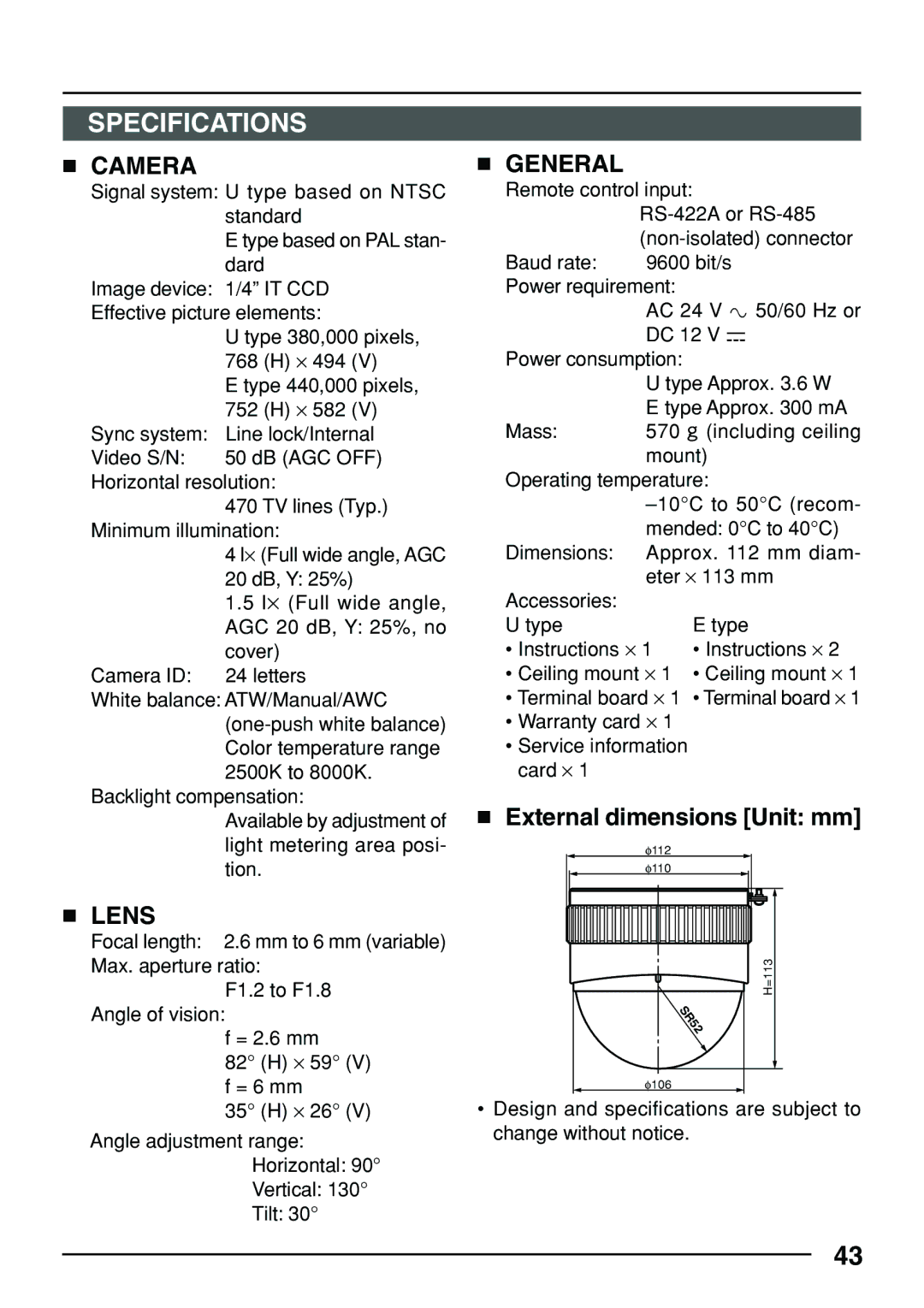 JVC TK-C553 manual Specifications,  External dimensions Unit mm 