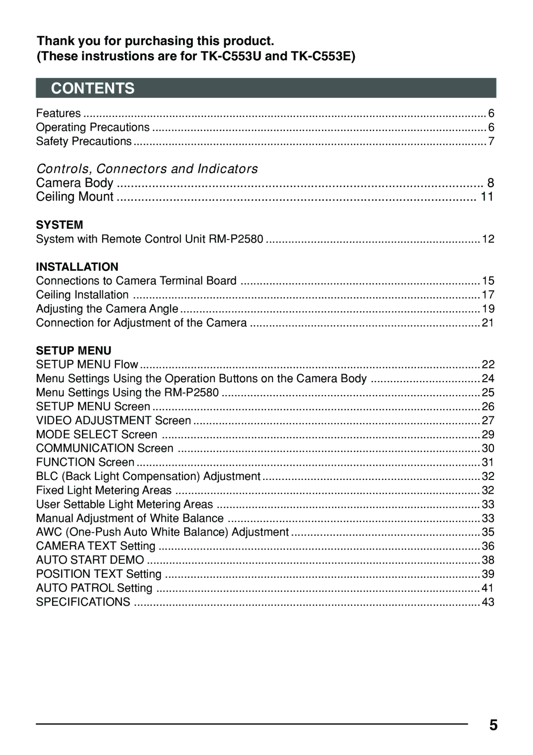 JVC TK-C553 manual Contents 