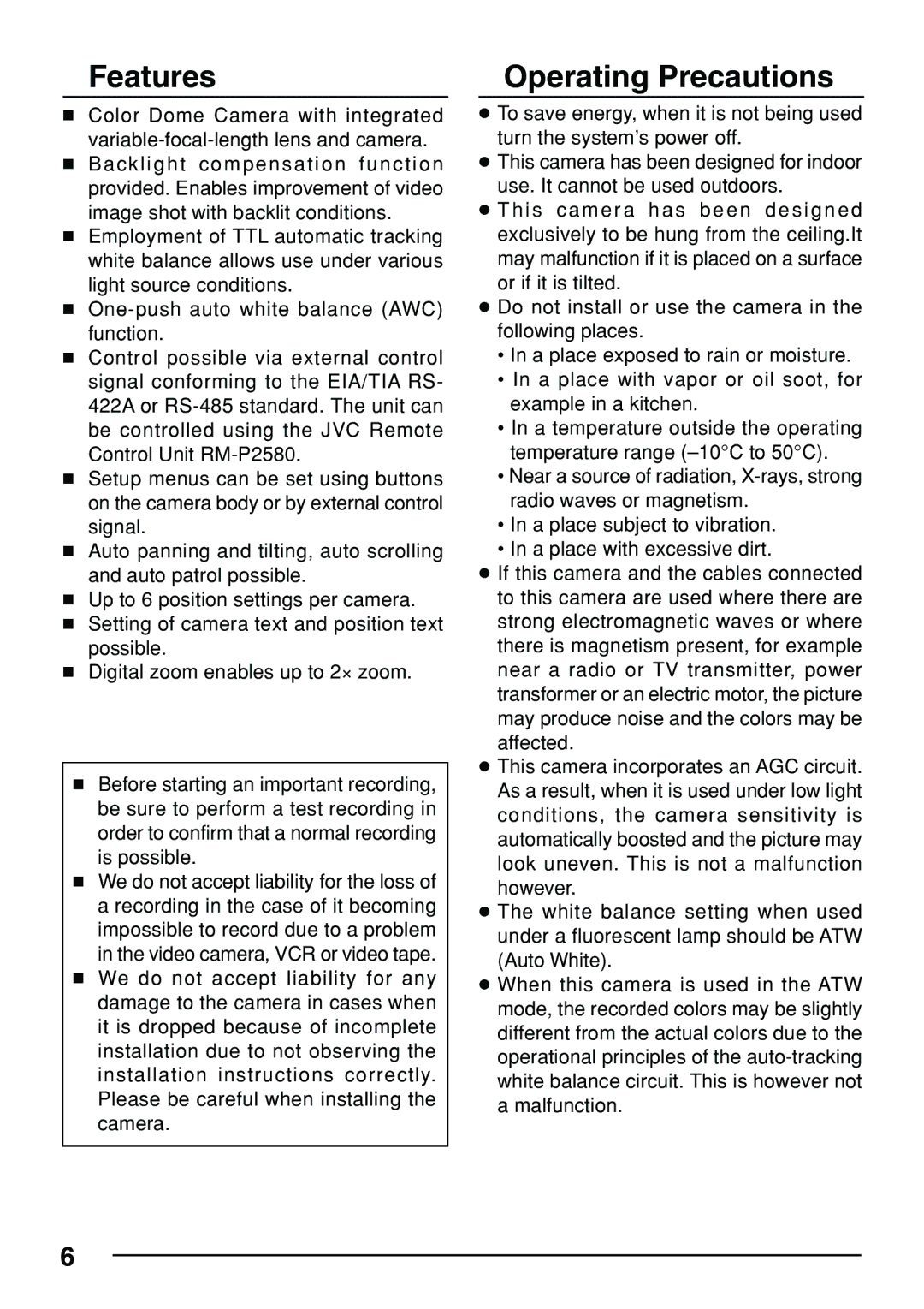 JVC TK-C553 manual Features 