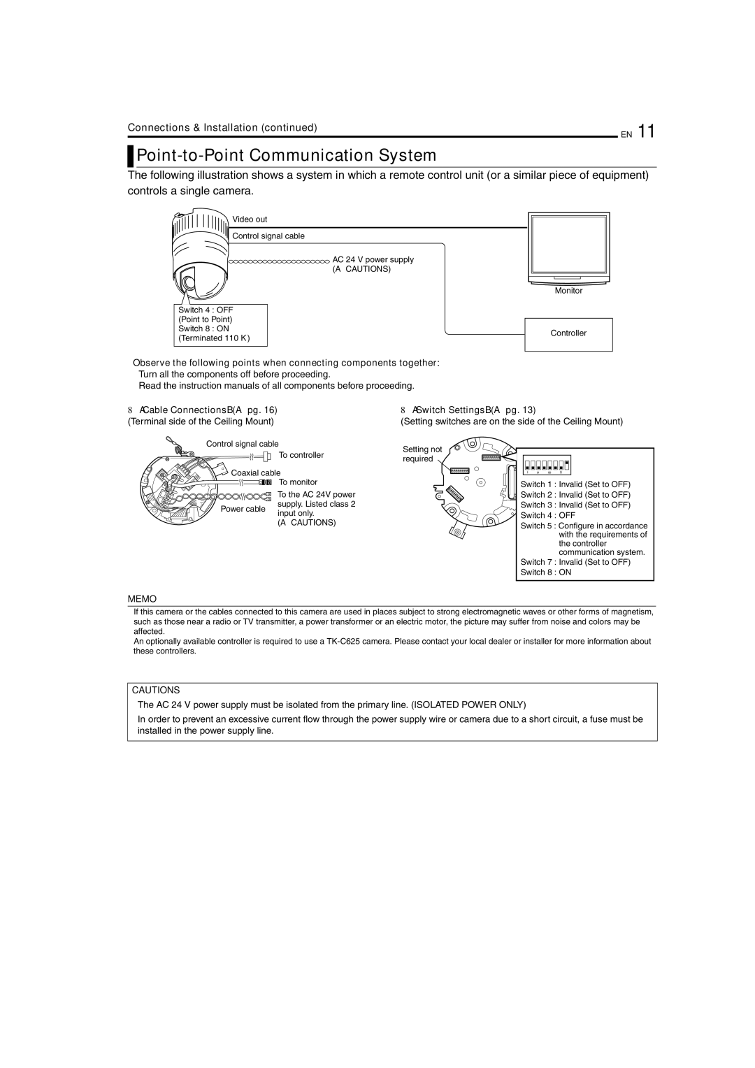 JVC TK-C625 manual Point-to-Point Communication System, ACable ConnectionsB a pg Terminal side of the Ceiling Mount 