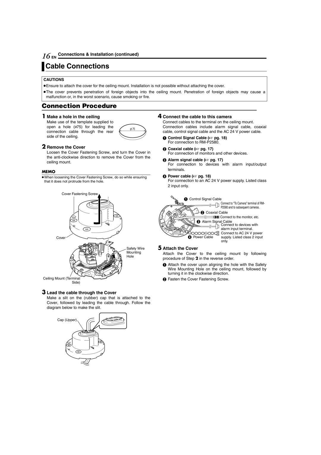 JVC TK-C625 manual Cable Connections, Make a hole in the ceiling Connect the cable to this camera, Remove the Cover 