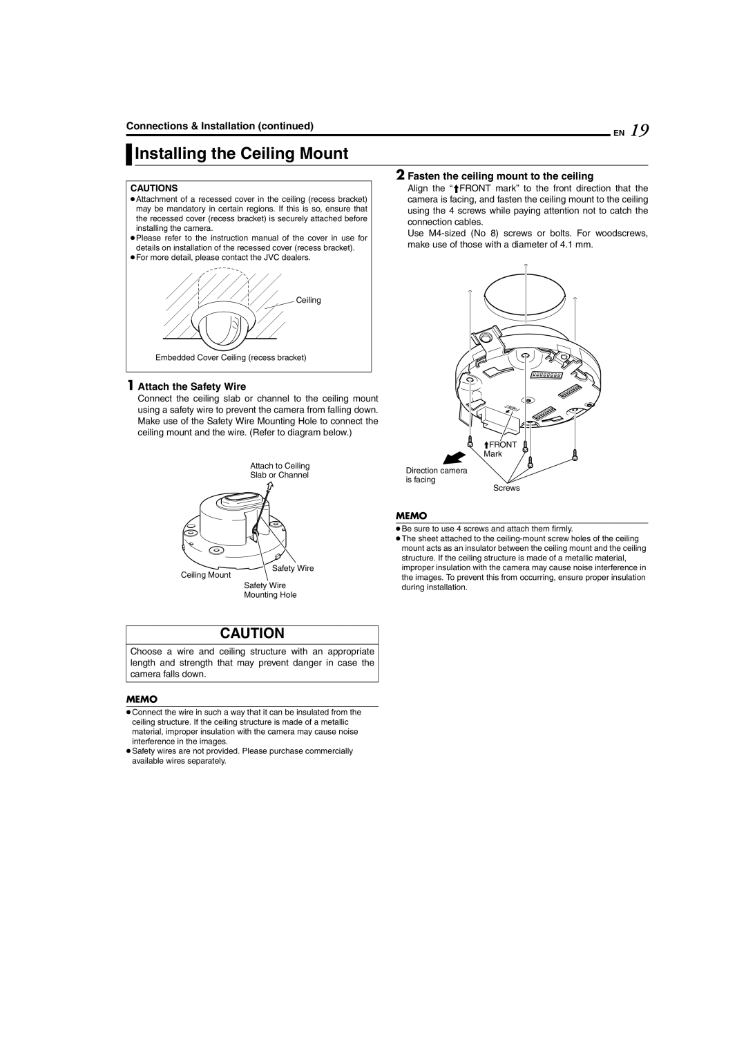 JVC TK-C625 manual Installing the Ceiling Mount, Attach the Safety Wire, Fasten the ceiling mount to the ceiling 