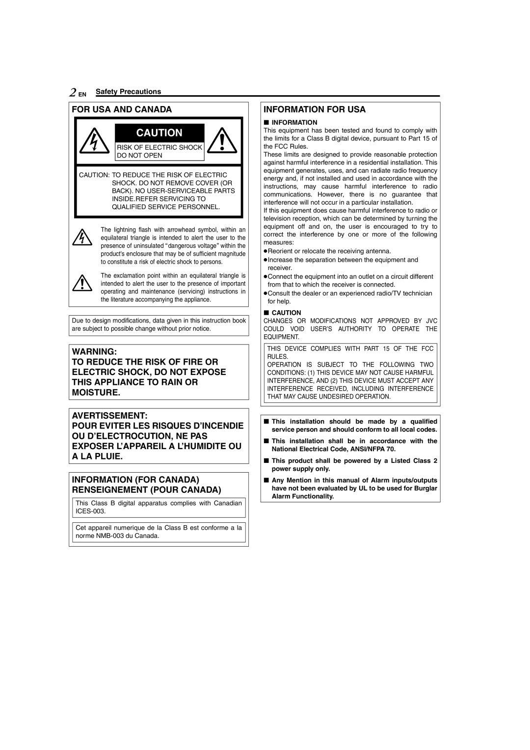 JVC TK-C625 manual Safety Precautions, Risk of Electric Shock Do not Open, Information 