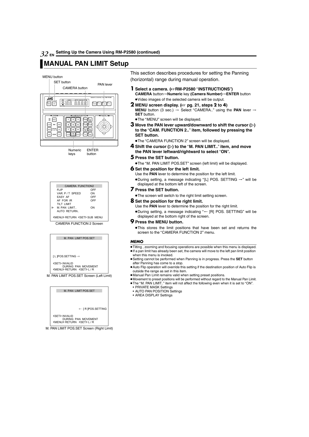 JVC TK-C625 manual Manual PAN Limit Setup, Select a camera. ARM-P2580AINSTRUCTIONSB, Menu screen display. a pg , steps 2 to 