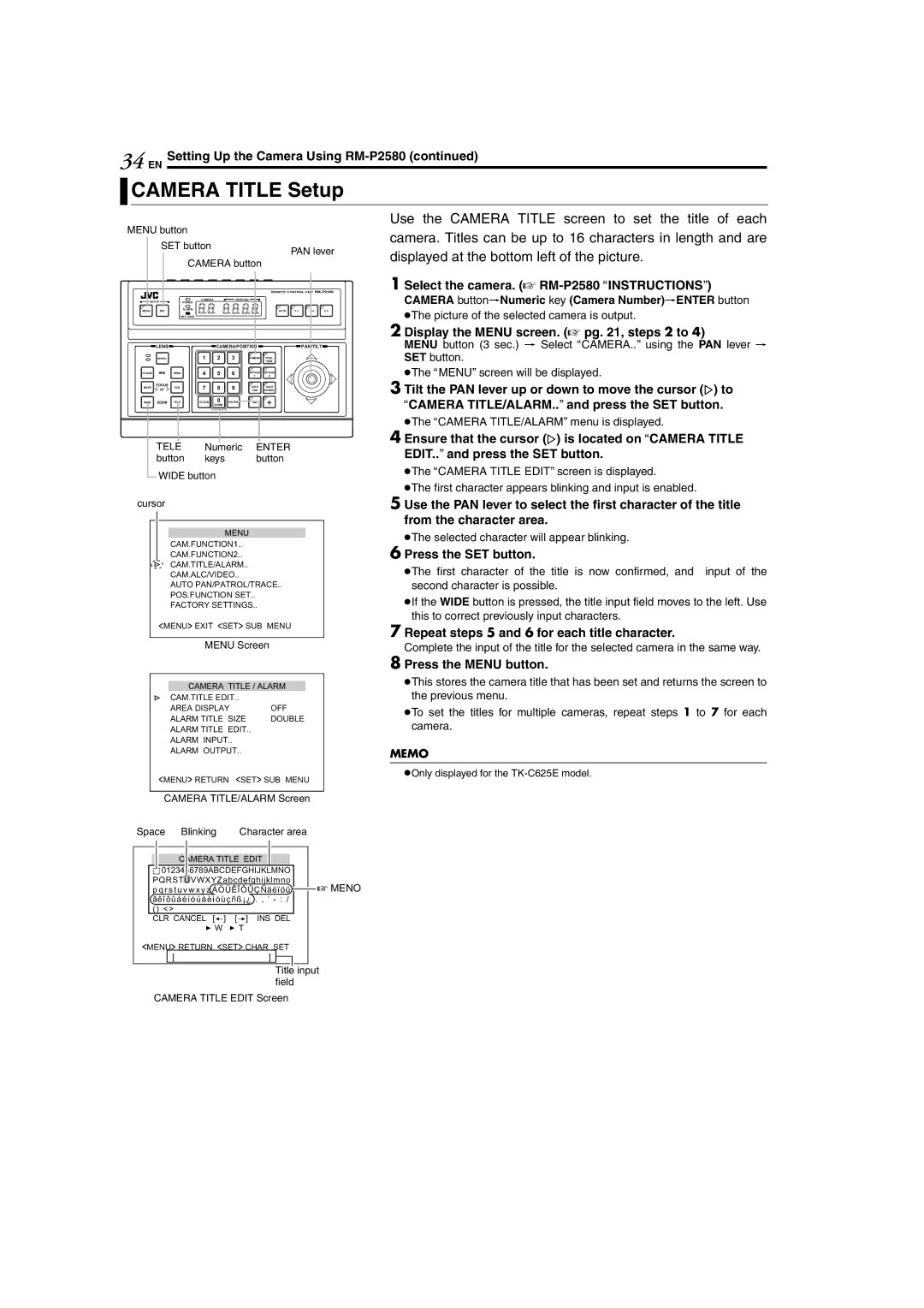 JVC TK-C625 manual Camera Title Setup, Select the camera. a RM-P2580AINSTRUCTIONSB 