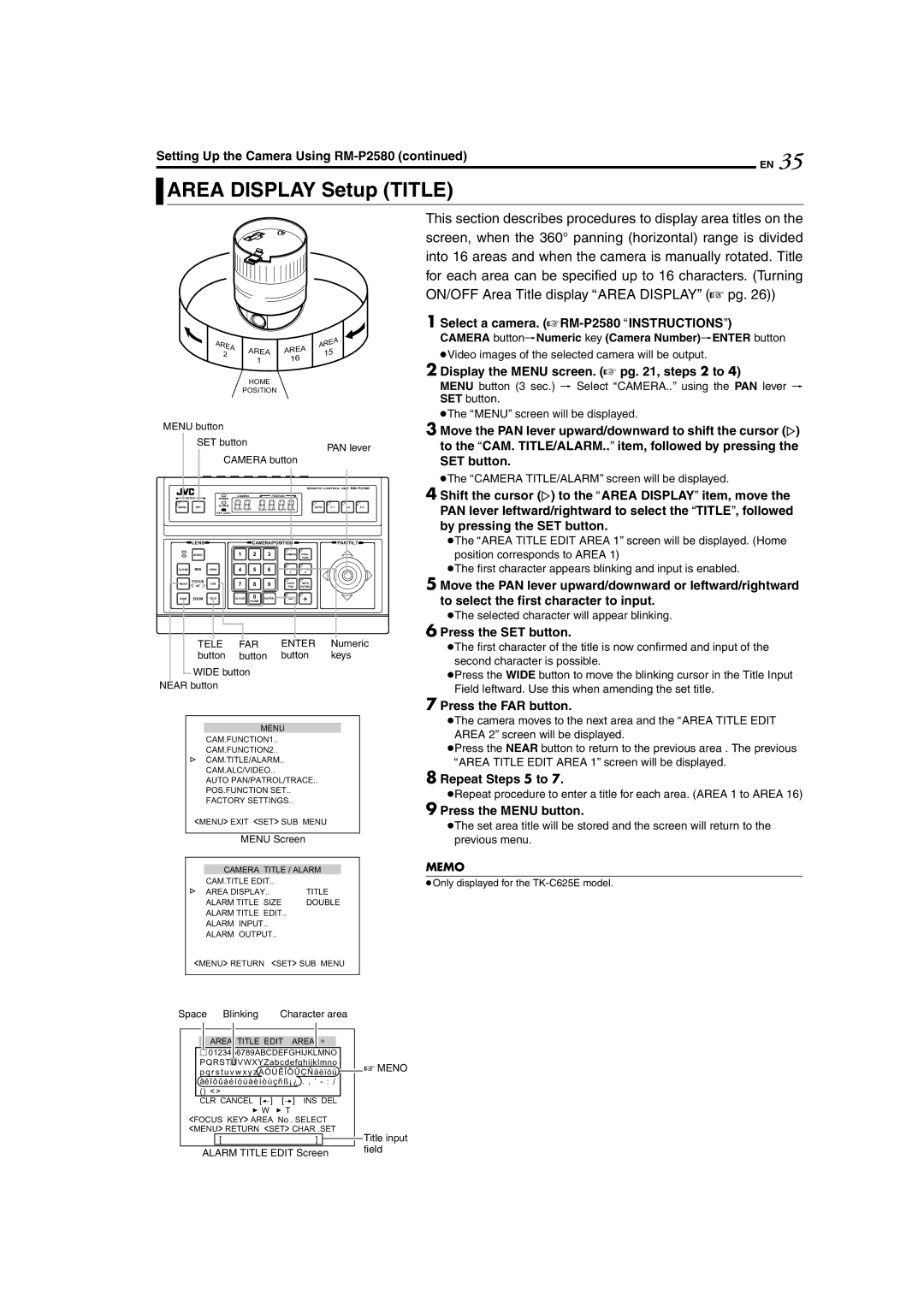 JVC TK-C625 manual Area Display Setup Title, Press the FAR button, Repeat Steps 5 to 