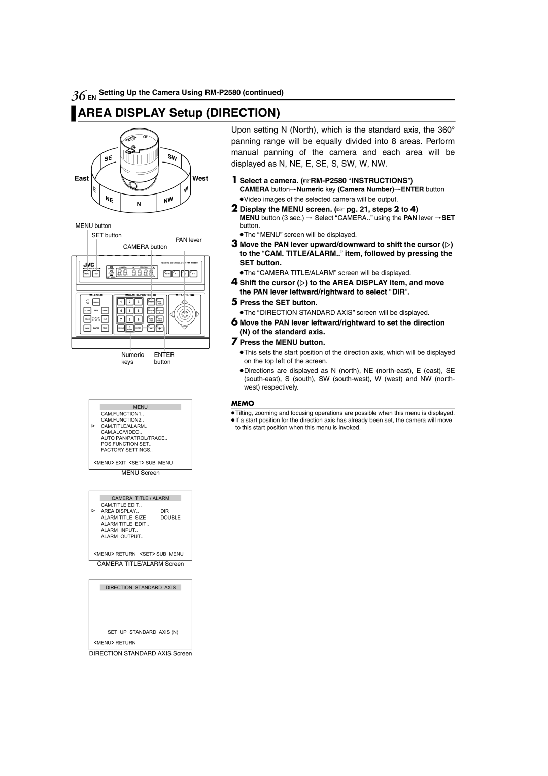 JVC TK-C625 manual Area Display Setup Direction, East, West, Direction Standard Axis Screen 