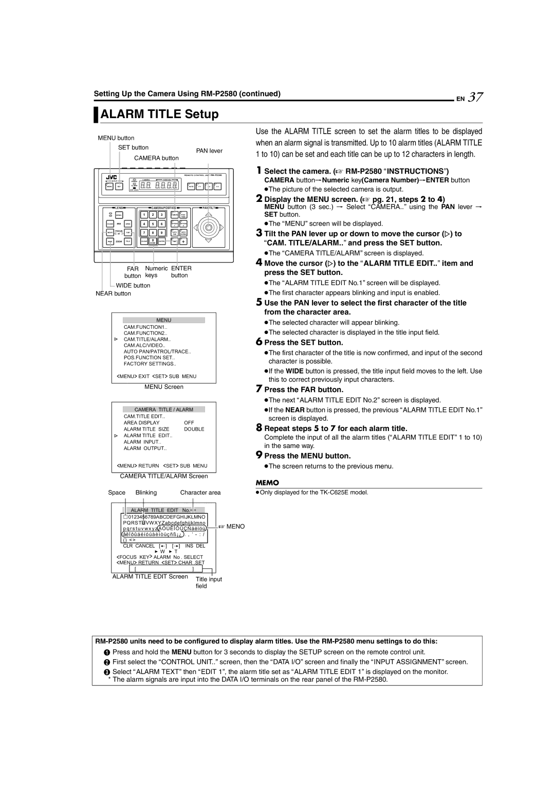 JVC TK-C625 manual Alarm Title Setup, Repeat steps 5 to 7 for each alarm title, Wide button Near button 