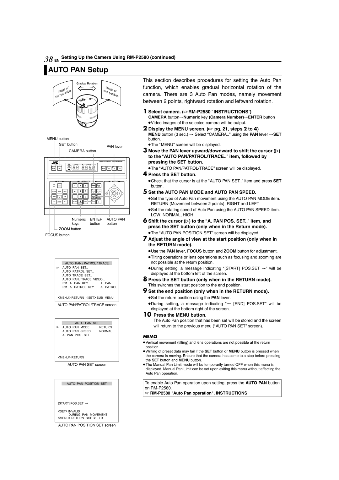 JVC TK-C625 manual Auto PAN Setup, Select camera. ARM-P2580AINSTRUCTIONSB, Set the Auto PAN Mode and Auto PAN Speed 