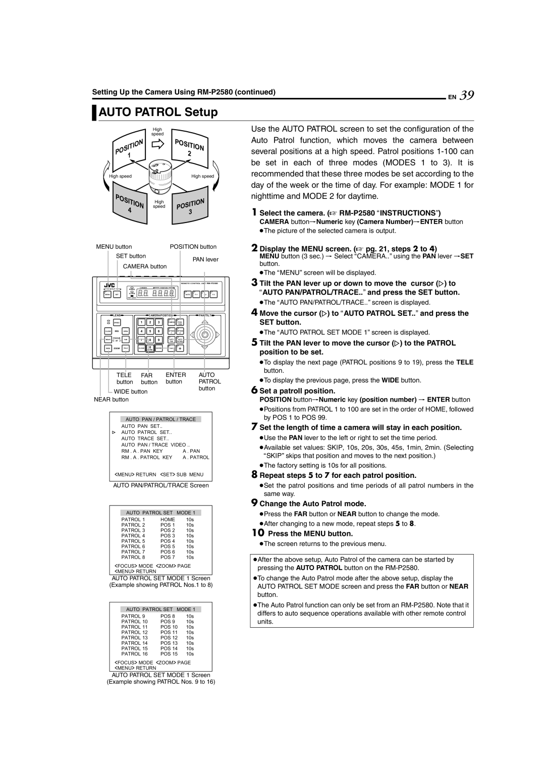 JVC TK-C625 manual Auto Patrol Setup, Set a patroll position, Set the length of time a camera will stay in each position 