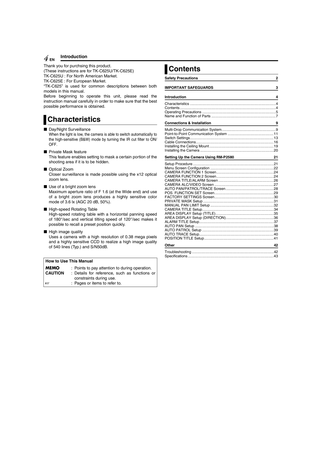 JVC TK-C625 manual Characteristics, Contents 