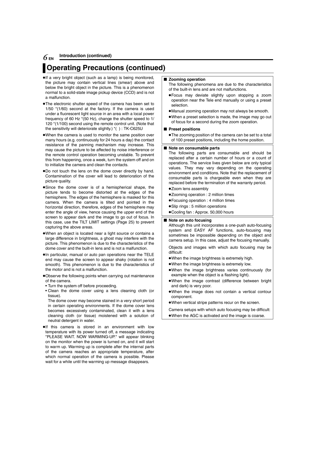 JVC TK-C625 manual Zooming operation, Preset positions 