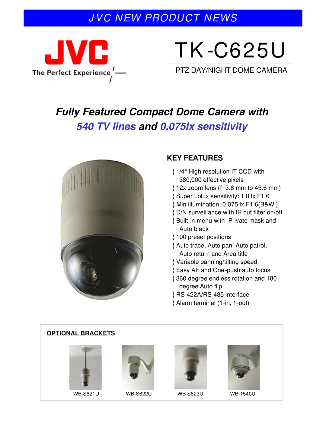 JVC TK-C625U manual TV lines and 0.075lx sensitivity, KEY Features 