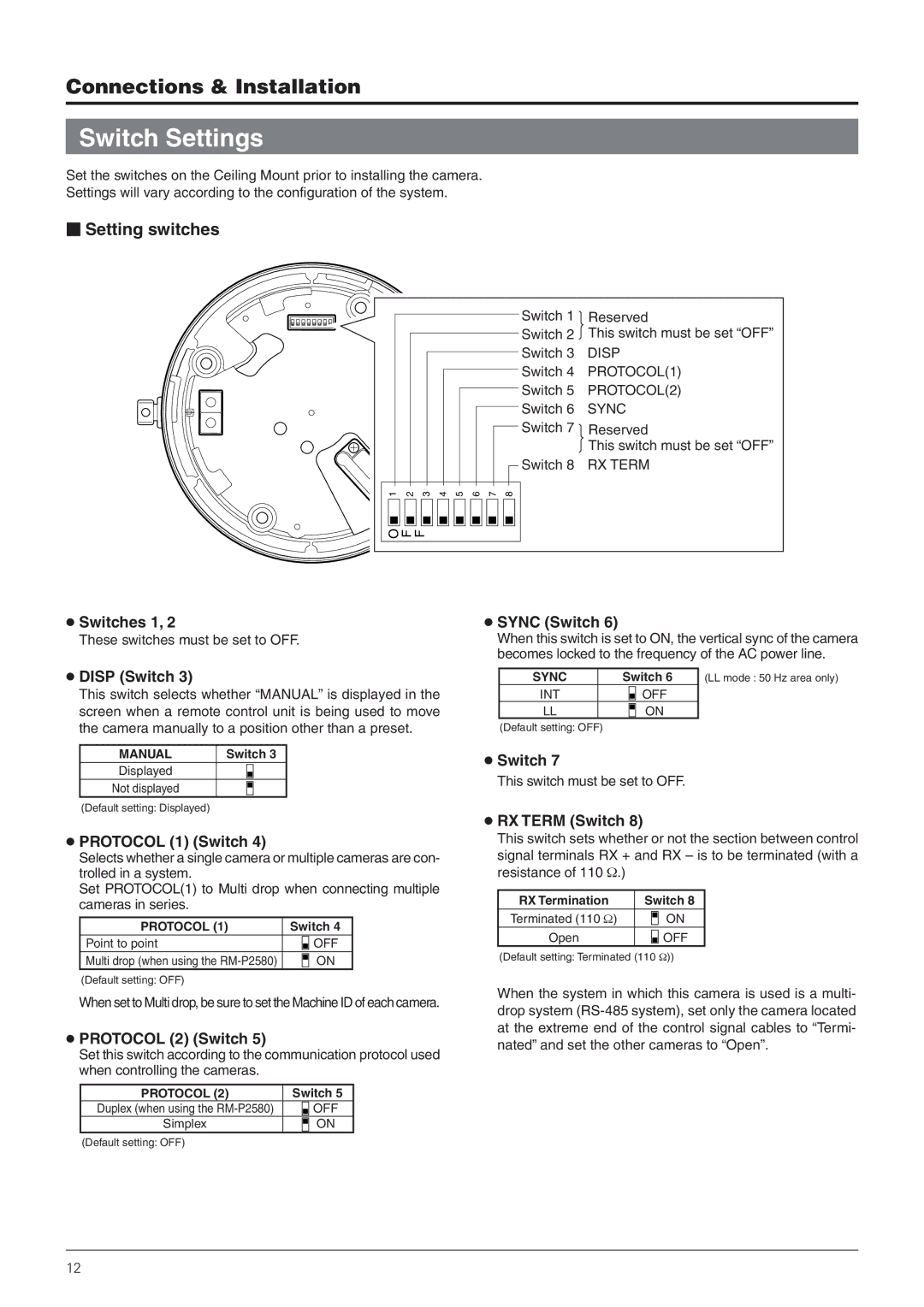 JVC TK-C655 manual Switch Settings,  Setting switches 