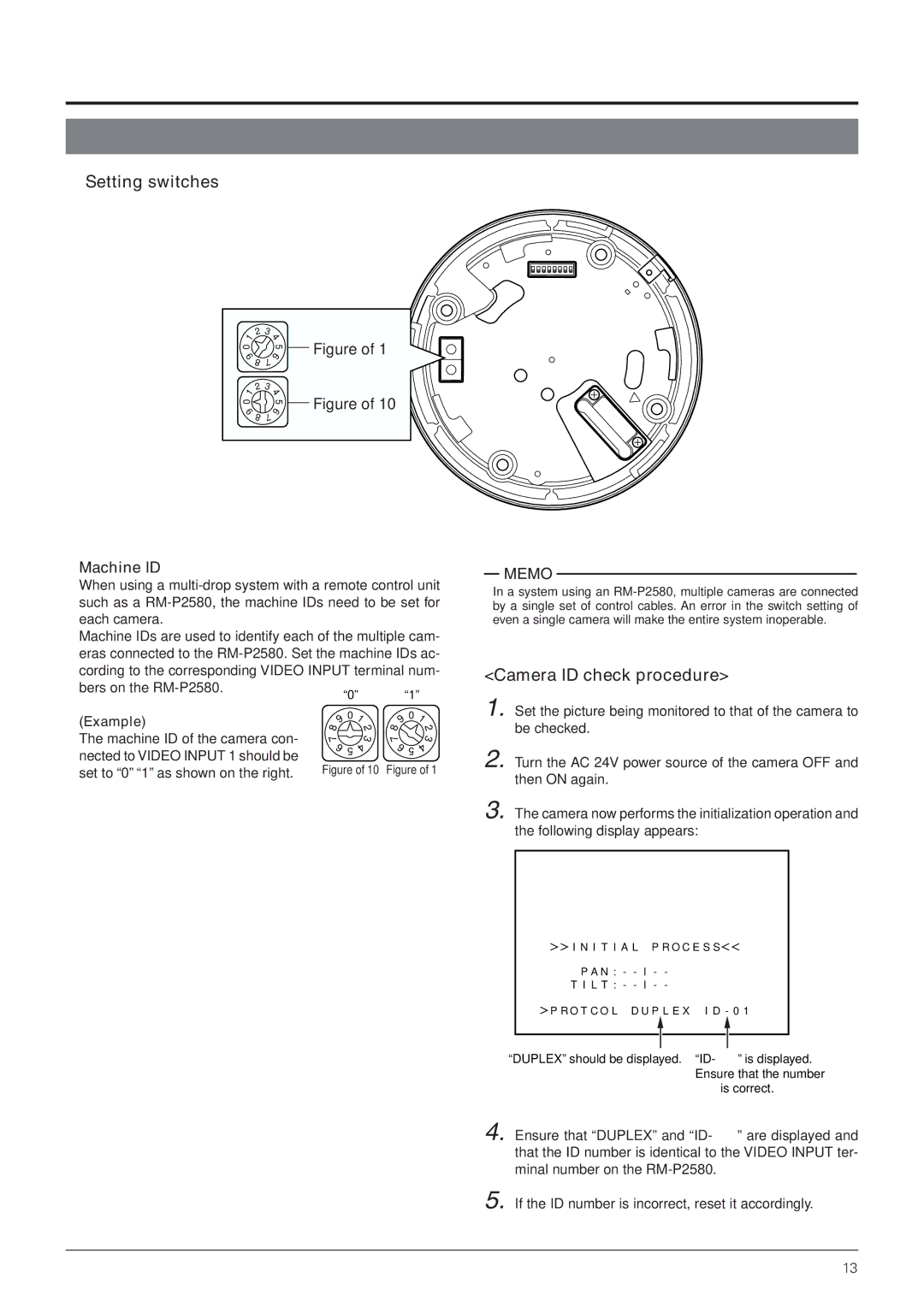 JVC TK-C655 manual Camera ID check procedure, Machine ID, Bers on the RM-P2580, Example 