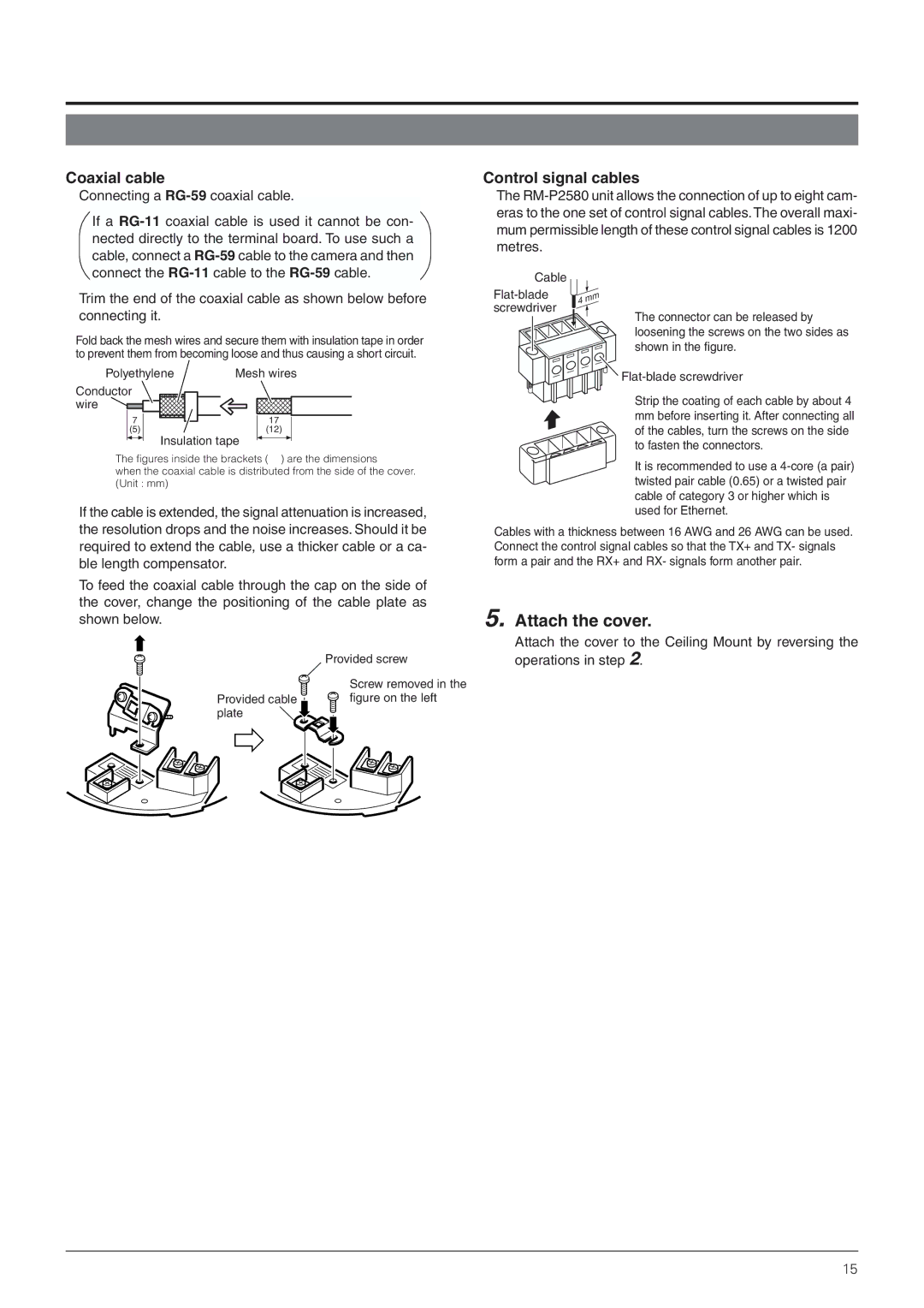 JVC TK-C655 manual Attach the cover, Coaxial cable, Control signal cables 