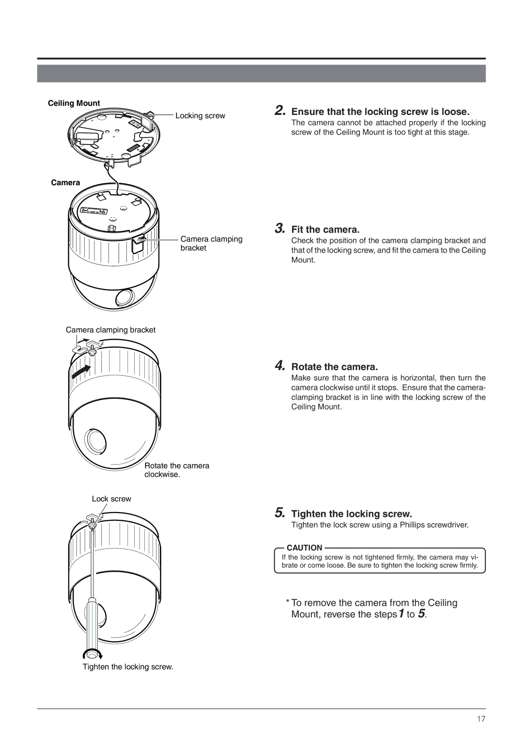 JVC TK-C655 manual Ensure that the locking screw is loose, Fit the camera, Rotate the camera, Tighten the locking screw 