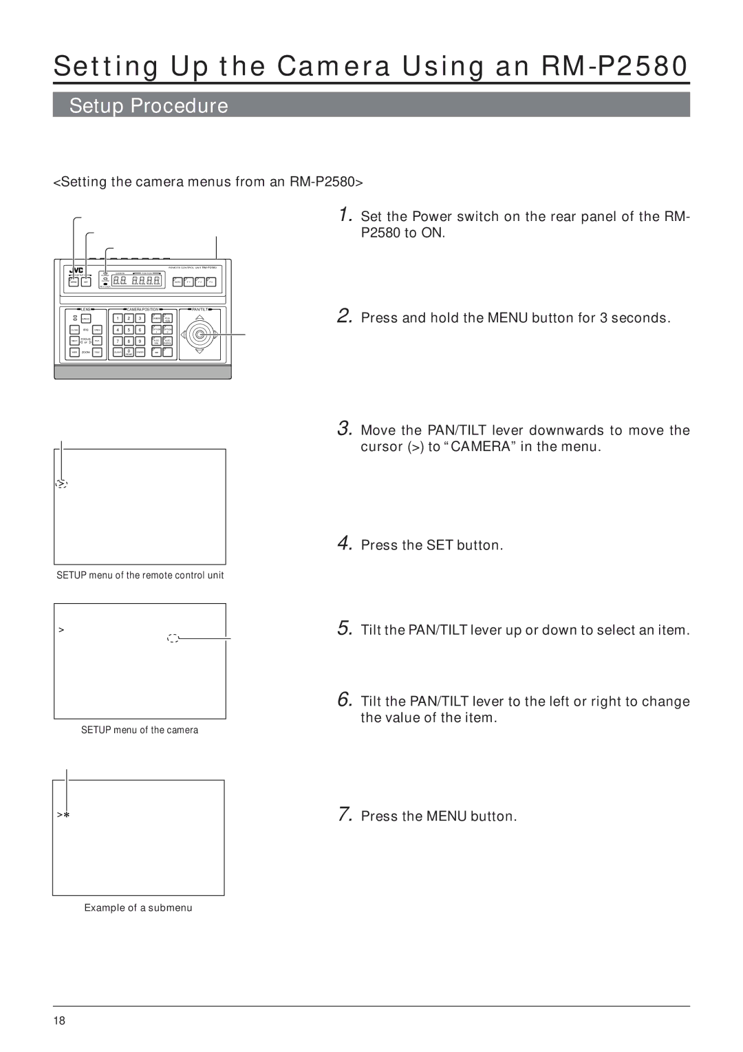 JVC TK-C655 manual Setup Procedure, Setting the camera menus from an RM-P2580, Press and hold the Menu button for 3 seconds 