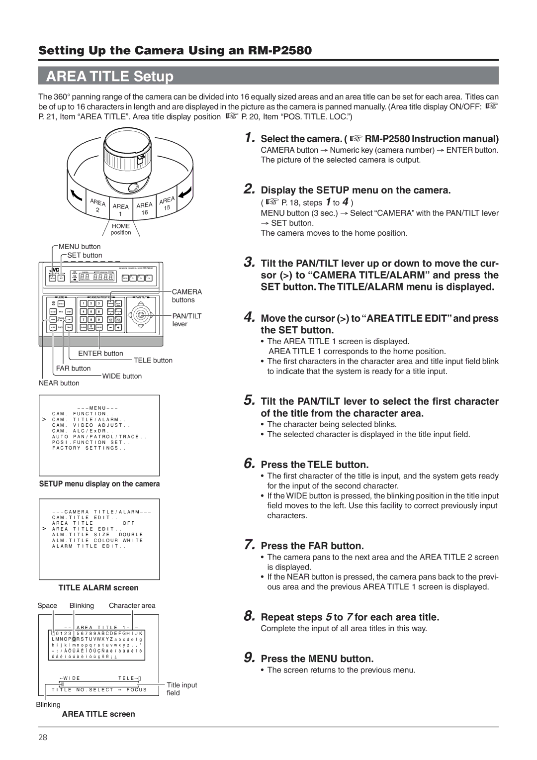 JVC TK-C655 manual Area Title Setup, Move the cursor to Area Title Edit and press the SET button, Press the FAR button 