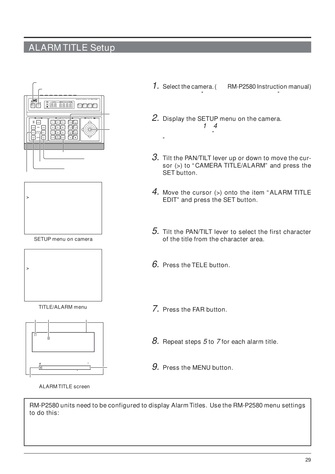 JVC TK-C655 manual Alarm Title Setup, Display the Setup menu on the camera, Repeat steps 5 to 7 for each alarm title 