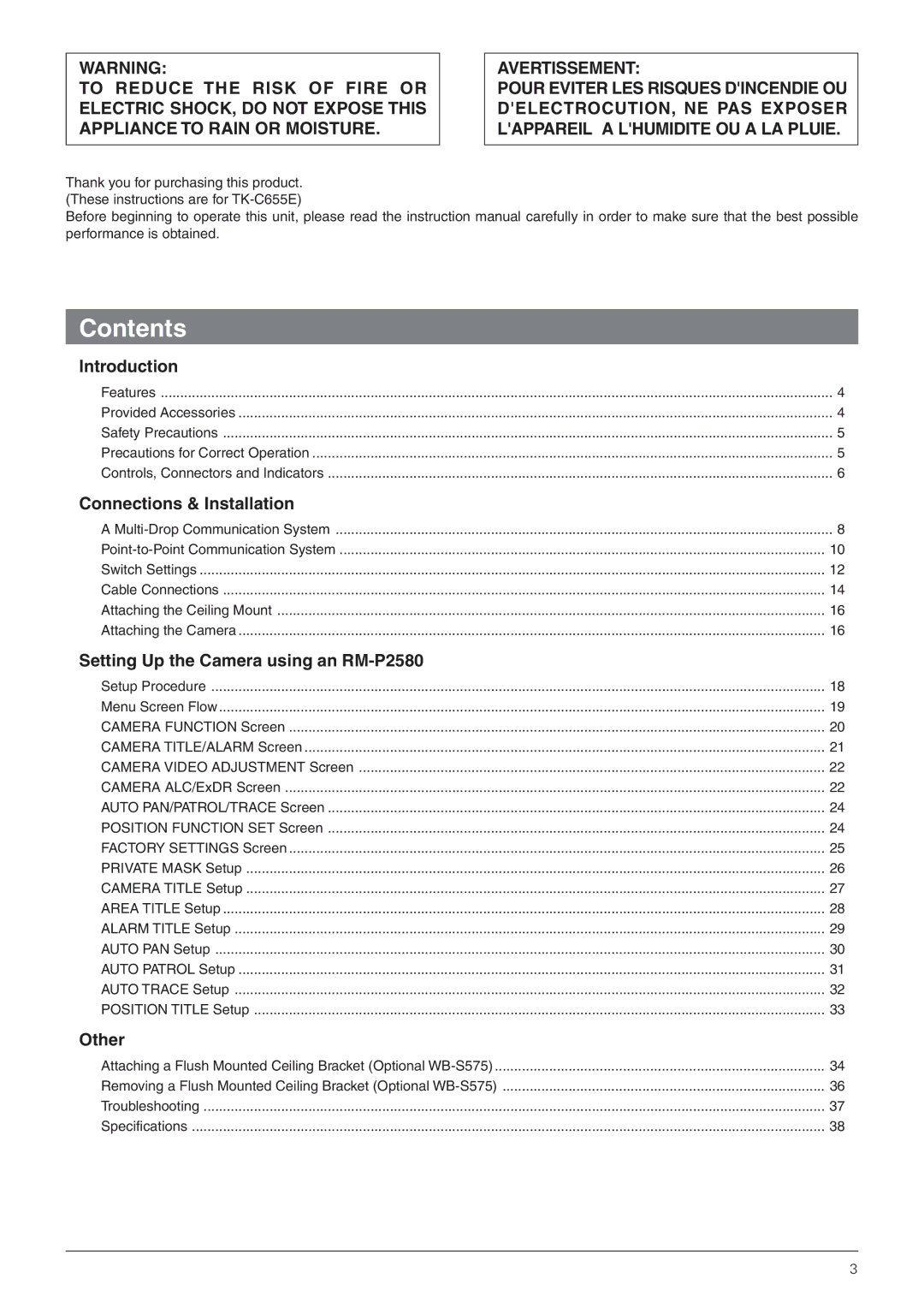 JVC TK-C655 manual Contents 