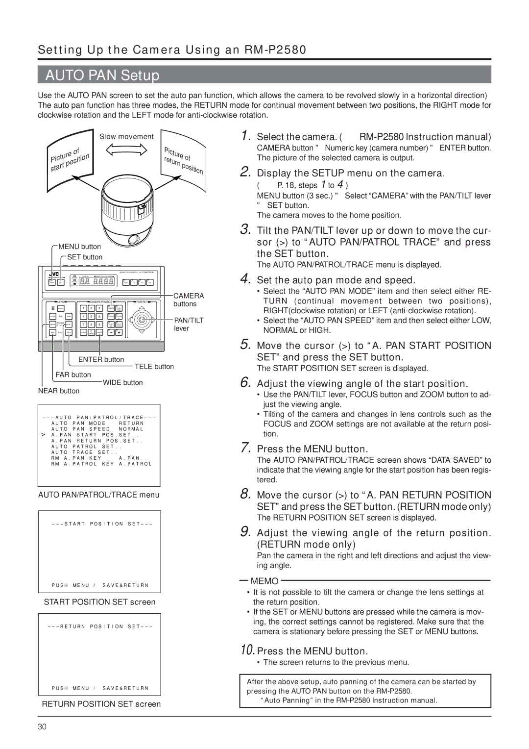 JVC TK-C655 manual Auto PAN Setup, Set the auto pan mode and speed, Adjust the viewing angle of the start position 