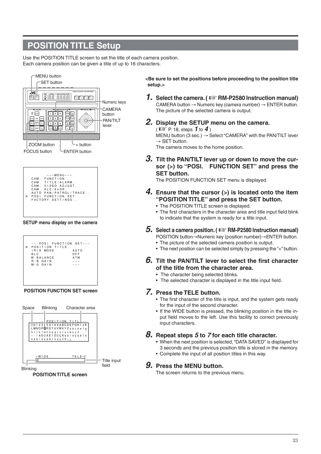 JVC TK-C655 manual Position Title Setup, Repeat steps 5 to 7 for each title character, Position Function SET screen 