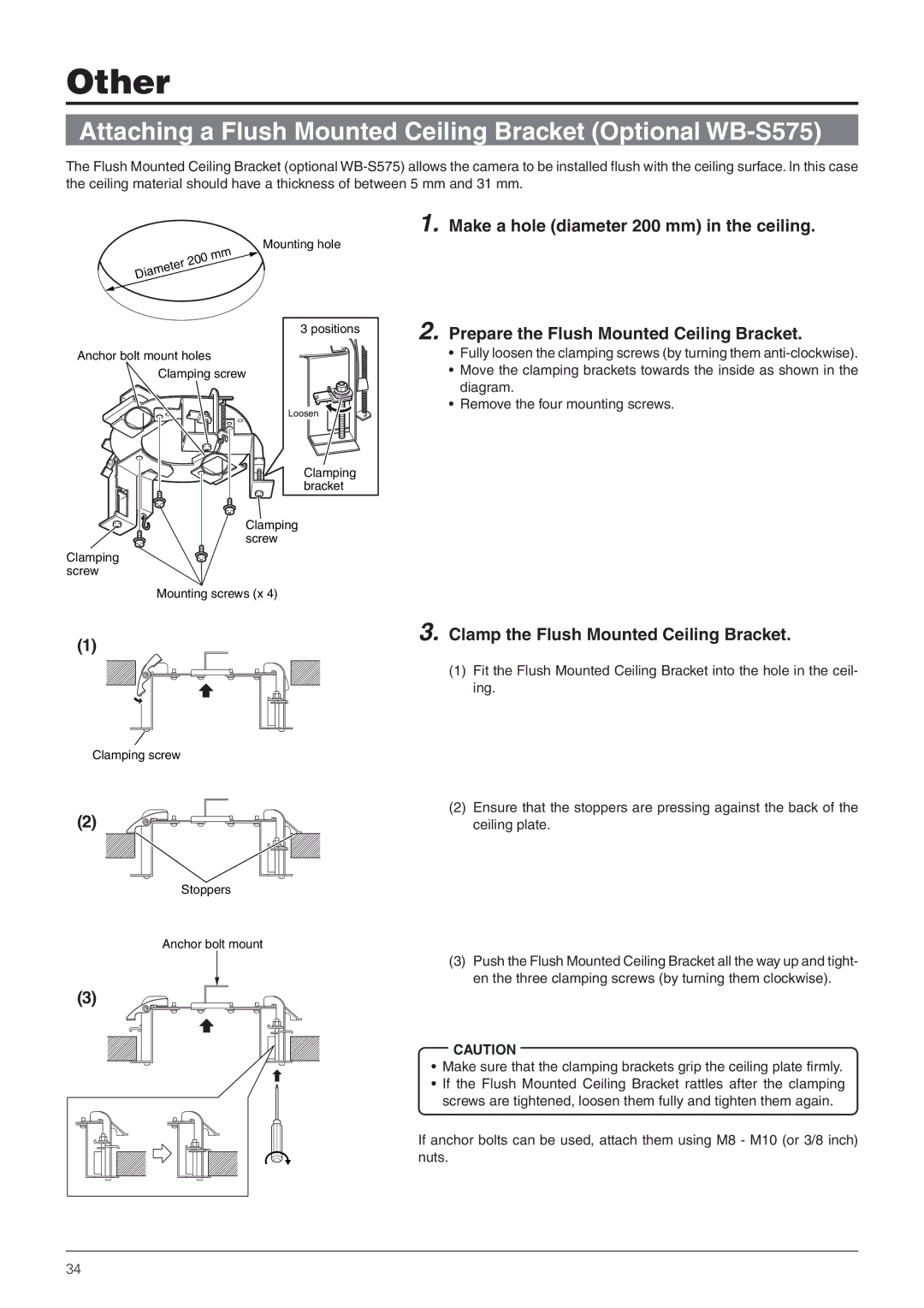 JVC TK-C655 manual Attaching a Flush Mounted Ceiling Bracket Optional WB-S575, Clamp the Flush Mounted Ceiling Bracket, Ing 