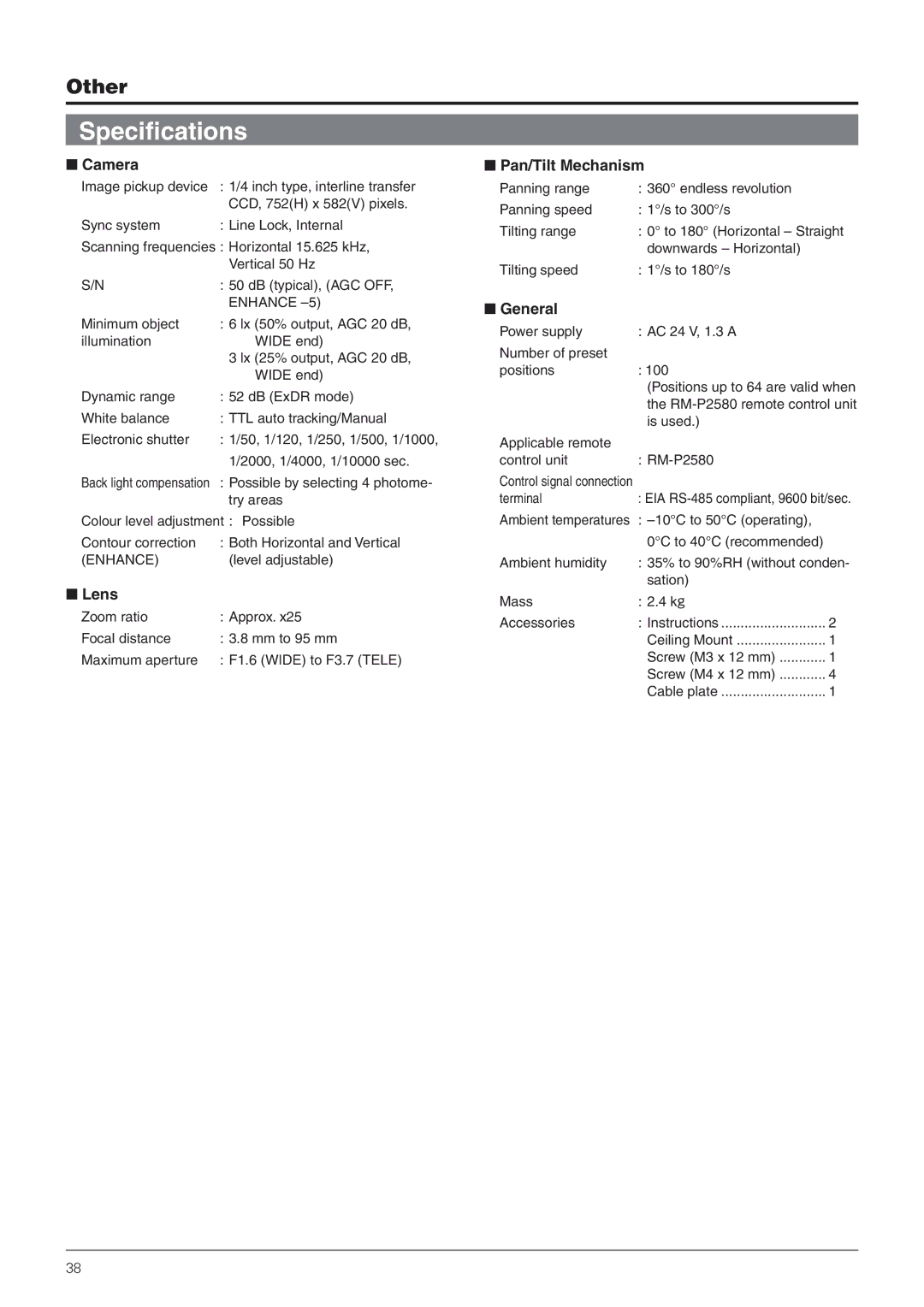 JVC TK-C655 manual Specifications, Camera, Pan/Tilt Mechanism, General 