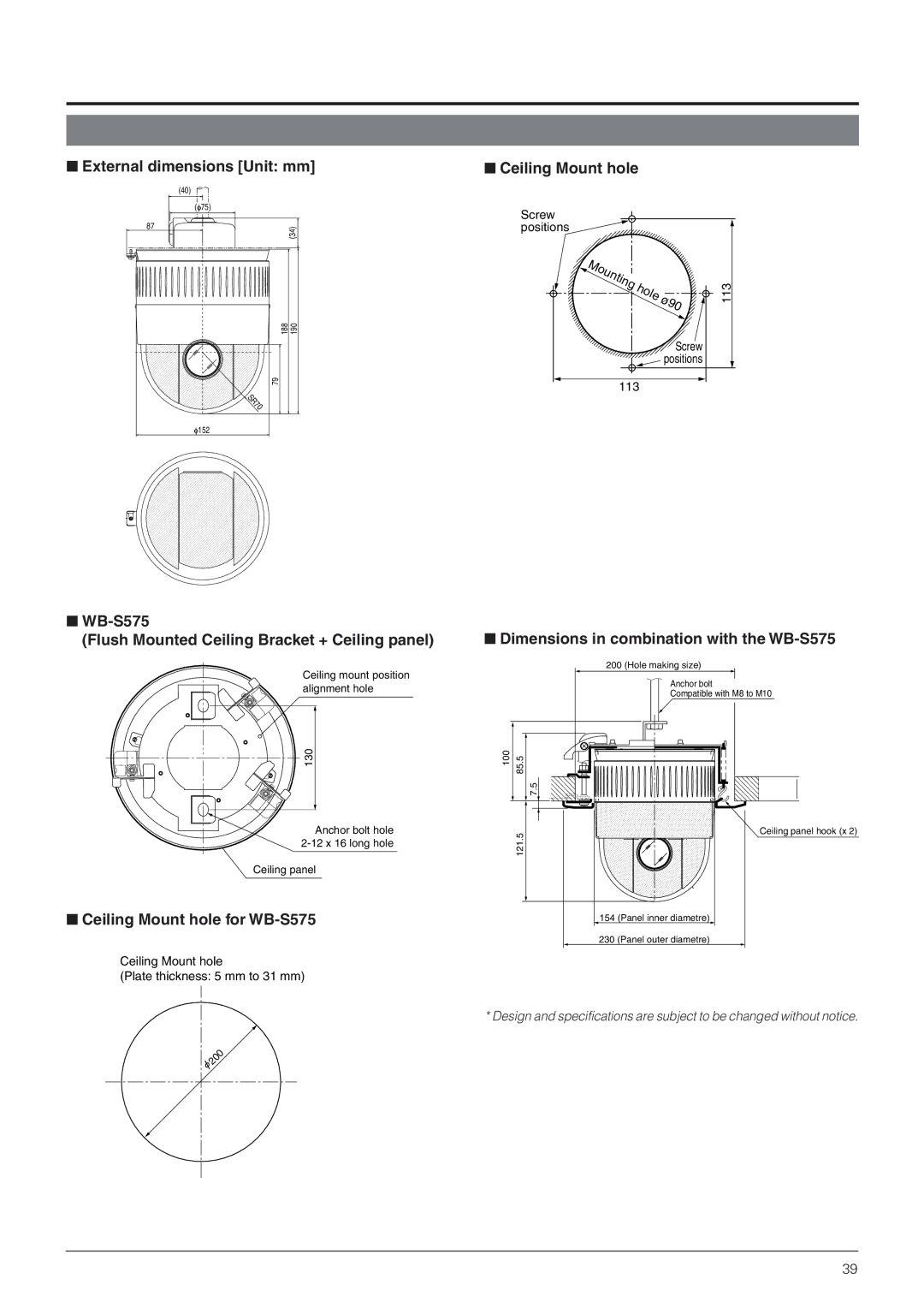 JVC TK-C655 manual External dimensions Unit mm, Ceiling Mount hole, WB-S575 Flush Mounted Ceiling Bracket + Ceiling panel 